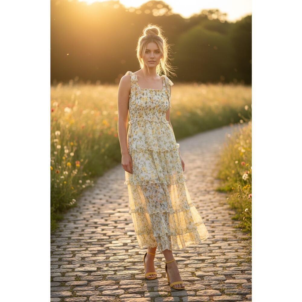 SOCIALITE abstract floral tiered maxi dress NWT Yellow Sz L MSRP $148 - Picture 1 of 8